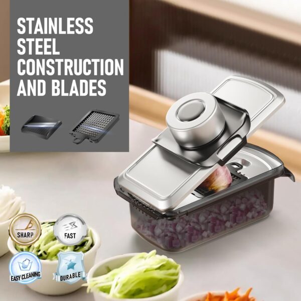 12 in 1 vegetable chopper, mandoline food slicer for kitchen, cheese grater, veggie chopper with container, vegetable cutter for onion, salad and fruit stainless steel, home essential tools