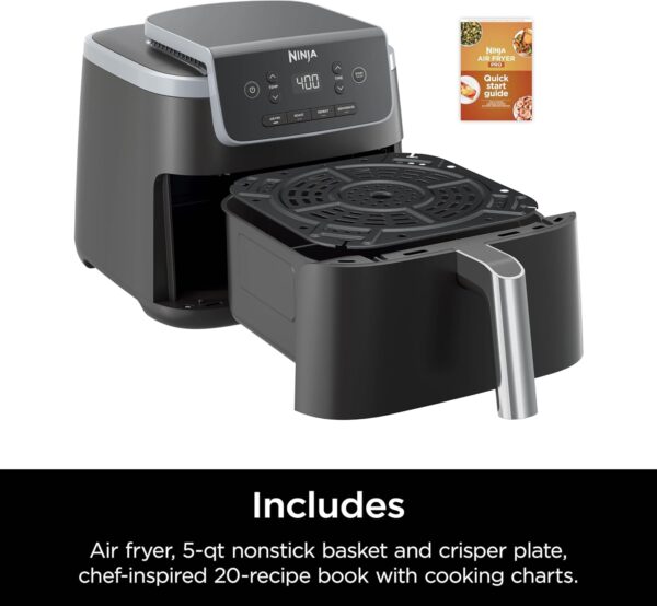 ninja air fryer pro 4 in 1 with 5 qt capacity, air fry, roast, reheat, dehydrate, air crisp technology with 400f for hot, 120 volts, nonstick basket & crisper plate, grey, af141
