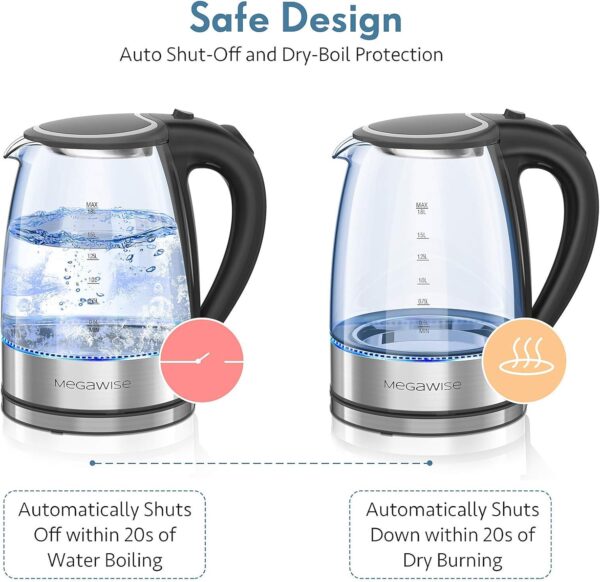 MegaWise Electric Kettle, 1.8L Borosilicate Glass Tea Kettle with LED Light, Auto Shut-Off and Boil-Dry Protection Cordless Kettle Fast Boiling - Image 3