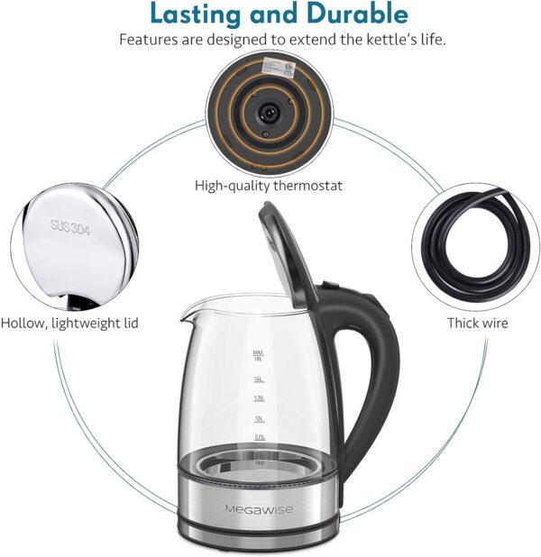 MegaWise Electric Kettle, 1.8L Borosilicate Glass Tea Kettle with LED Light, Auto Shut-Off and Boil-Dry Protection Cordless Kettle Fast Boiling - Image 4