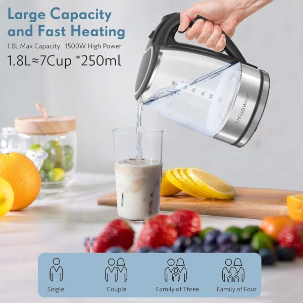 MegaWise Electric Kettle, 1.8L Borosilicate Glass Tea Kettle with LED Light, Auto Shut-Off and Boil-Dry Protection Cordless Kettle Fast Boiling - Image 5