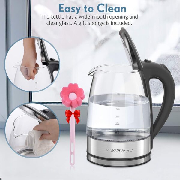 MegaWise Electric Kettle, 1.8L Borosilicate Glass Tea Kettle with LED Light, Auto Shut-Off and Boil-Dry Protection Cordless Kettle Fast Boiling - Image 6