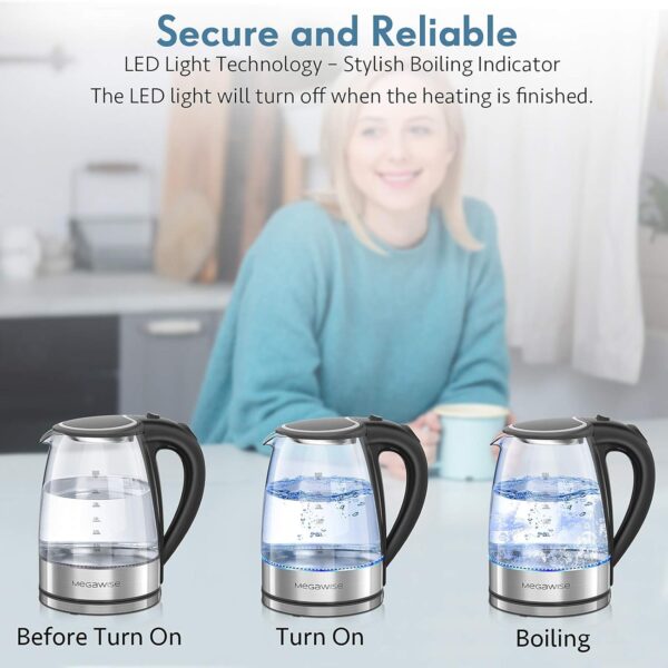 MegaWise Electric Kettle, 1.8L Borosilicate Glass Tea Kettle with LED Light, Auto Shut-Off and Boil-Dry Protection Cordless Kettle Fast Boiling - Image 7