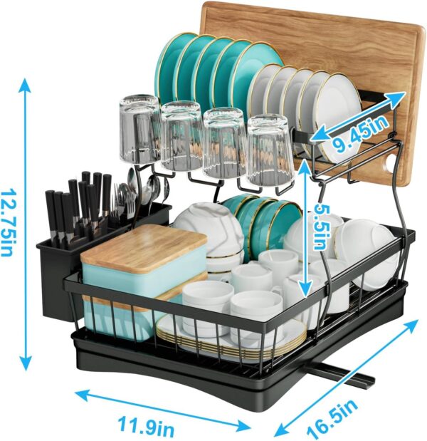 7 code Large Dish Drying Rack for Kitchen Counter, Detachable Large Capacity Dish Drainer Organizer, 2-Tier Dish Racks with Utensil Holder, Black - Image 3