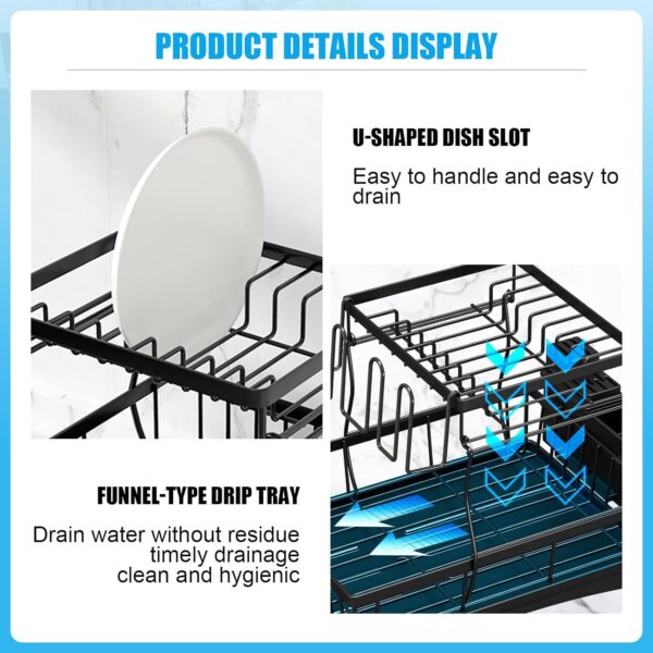 7 code Large Dish Drying Rack for Kitchen Counter, Detachable Large Capacity Dish Drainer Organizer, 2-Tier Dish Racks with Utensil Holder, Black - Image 4