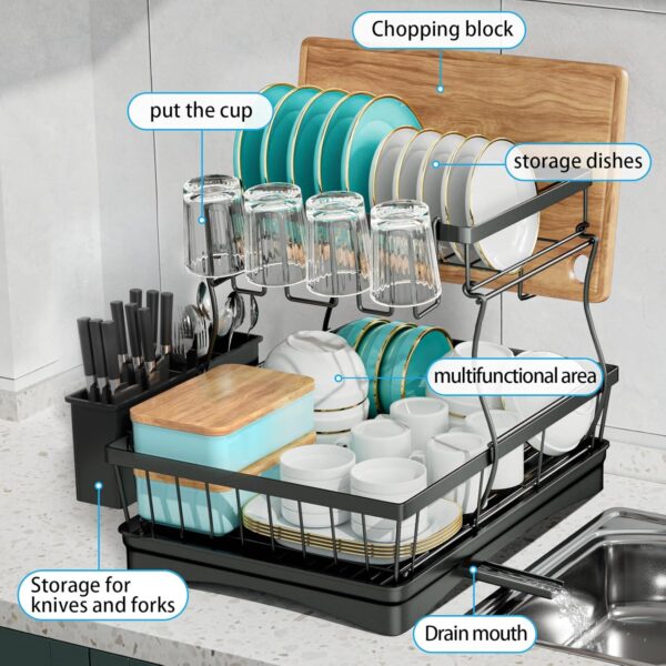 7 code Large Dish Drying Rack for Kitchen Counter, Detachable Large Capacity Dish Drainer Organizer, 2-Tier Dish Racks with Utensil Holder, Black - Image 5