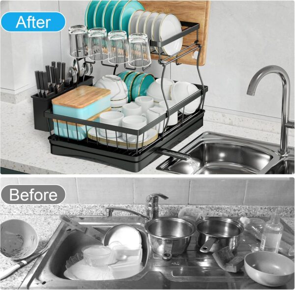 7 code Large Dish Drying Rack for Kitchen Counter, Detachable Large Capacity Dish Drainer Organizer, 2-Tier Dish Racks with Utensil Holder, Black - Image 6