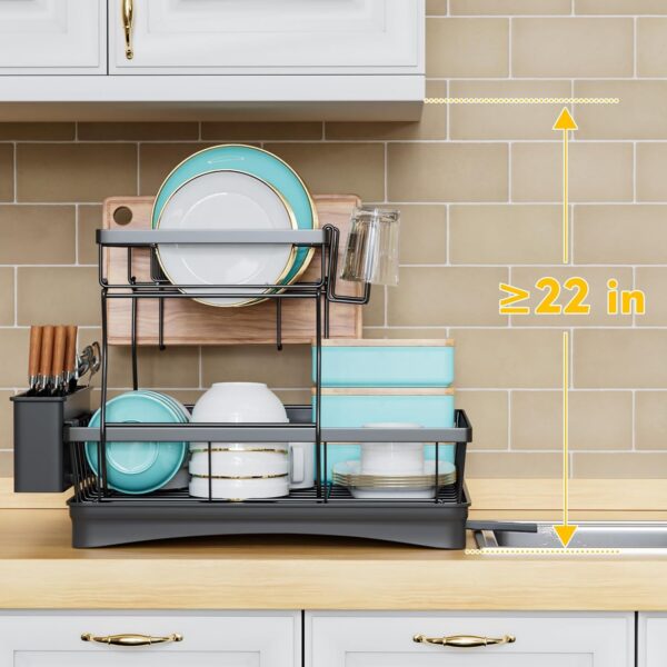 7 code Large Dish Drying Rack for Kitchen Counter, Detachable Large Capacity Dish Drainer Organizer, 2-Tier Dish Racks with Utensil Holder, Black - Image 7