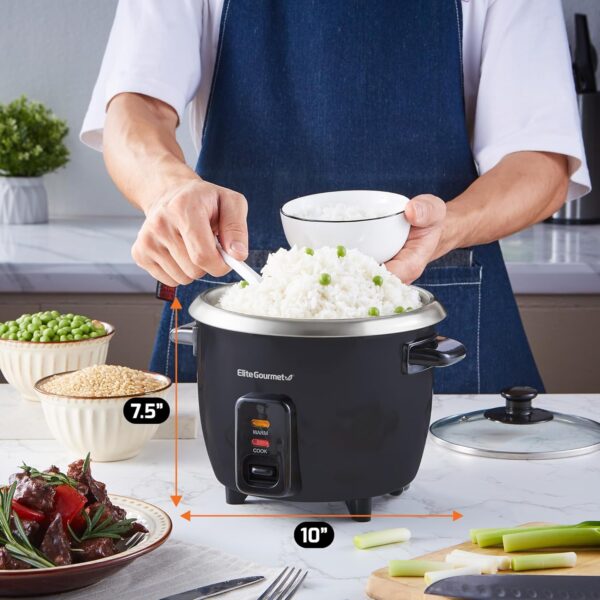 Elite Gourmet ERC003B Electric Rice Cooker with Automatic Keep Warm Makes Soups, Stews, Grains, Hot Cereals, 6 Cups Cooked (3 Cups Uncooked), Black - Image 4