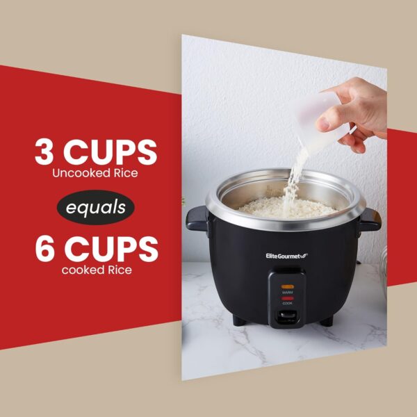 Elite Gourmet ERC003B Electric Rice Cooker with Automatic Keep Warm Makes Soups, Stews, Grains, Hot Cereals, 6 Cups Cooked (3 Cups Uncooked), Black - Image 6