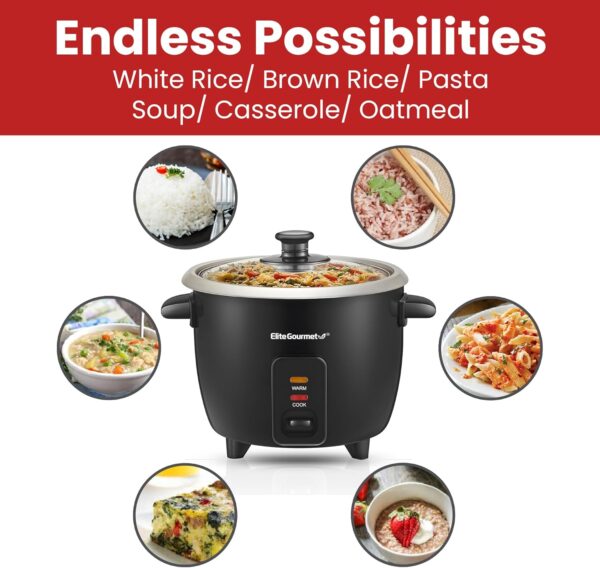 Elite Gourmet ERC003B Electric Rice Cooker with Automatic Keep Warm Makes Soups, Stews, Grains, Hot Cereals, 6 Cups Cooked (3 Cups Uncooked), Black - Image 7
