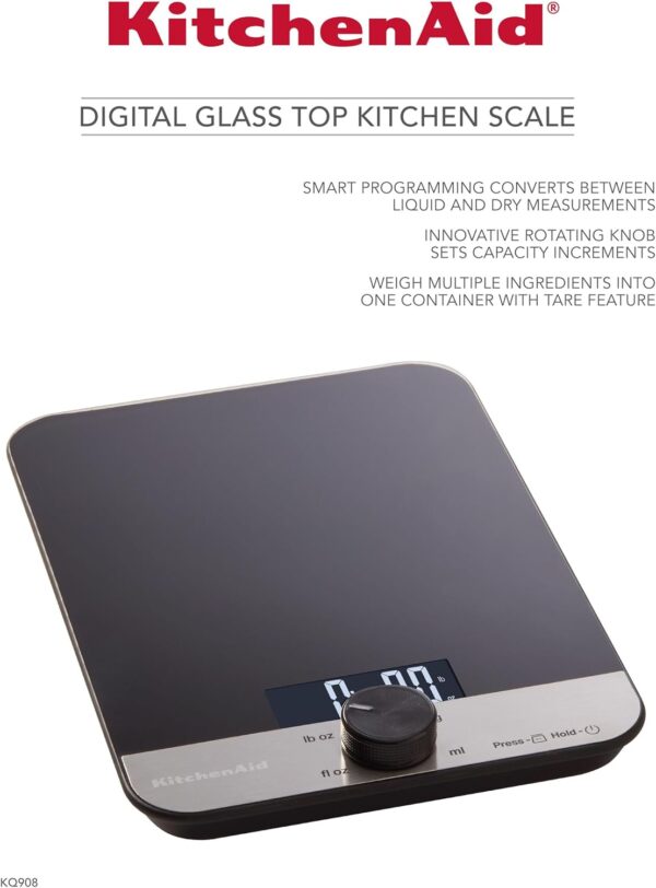 KitchenAid KQ908 Glass Surface 11 Pound Capacity Digital Kitchen and Food Scale, Scale for Food Ounces and Grams, Dry and Liquid Ingredients, Black - Image 4