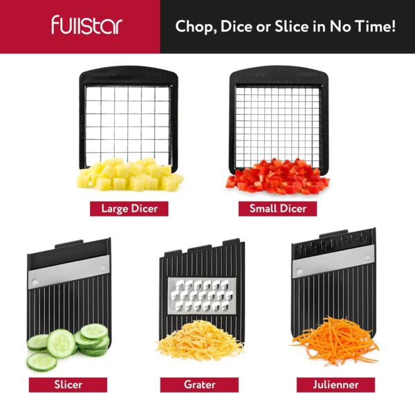 Fullstar All-in-1 Vegetable Chopper and Mandoline Slicer for Kitchen - Cheese Grater, French Fry Cutter, Cheese Slicer - Bonus Handheld Spiralizer Included (6 in 1, Black/White) - Image 4
