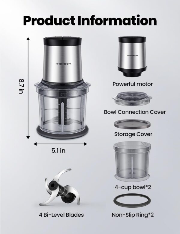 Food Processor 4 Cup, Electric Food Chopper, 【Small but Powerful】Meat Grinder with 2 Bowls, 2 Speed & 4 Blades for Vegetable, Meat, Nuts, Functions for Chopping, Dicing, Mixing and Puree - Image 7