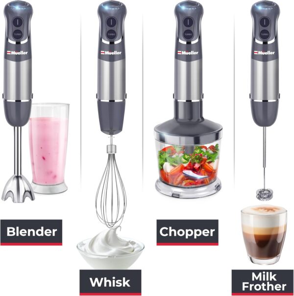 Mueller Multistick 5-in-1 Immersion Blender Handheld, 12 Speed Hand Mixer - Turbo Boost, Heaviest Duty Copper Motor, Titanium Blades Hand Blender, Milk Frother Wand, Whisk, Beaker, Chopper, Grey - Image 8