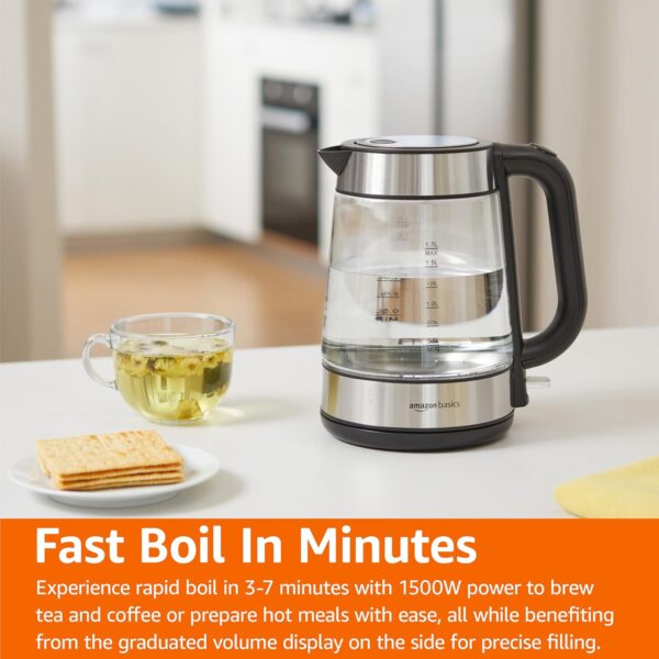 Amazon Basics Electric Kettle with Glass Carafe for Tea and Coffee, BPA-Free, Fast Boiling, Auto Shut-Off, 1.8 Quarts, 1500W, Black and Silver - Image 6