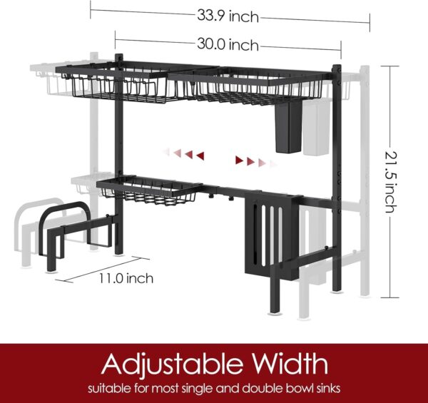 Dish Drying Rack Over The Sink - Large Capacity Stainless Steel Dish Drainer, Multifunctional Kitchen Organizer, Black, 11" D x 30"~33.9''W x 21.5" H - Image 3