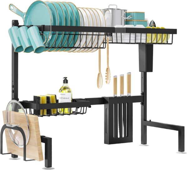 Dish Drying Rack Over The Sink - Large Capacity Stainless Steel Dish Drainer, Multifunctional Kitchen Organizer, Black, 11" D x 30"~33.9''W x 21.5" H - Image 4