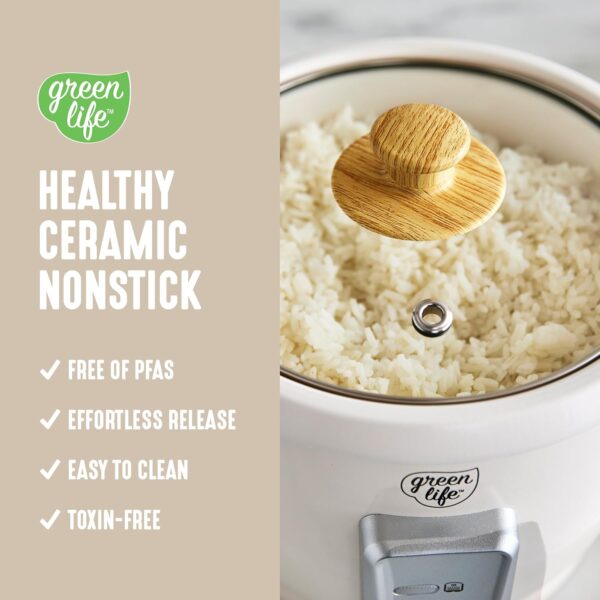 GreenLife Electric Rice Cooker, 3-Cups Uncooked/6-Cups Cooked, Removable PFAS-Free Nonstick Pot, One-Switch Design, Auto Keep Warm, Small Space Saving, Rice Paddle, Soup, Grains, Oatmeal, 1.5 QT, Cream - Image 3