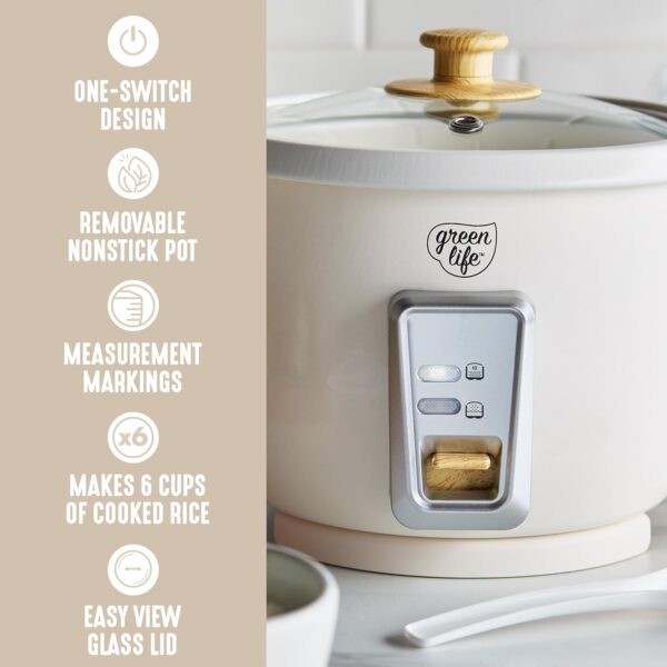 GreenLife Electric Rice Cooker, 3-Cups Uncooked/6-Cups Cooked, Removable PFAS-Free Nonstick Pot, One-Switch Design, Auto Keep Warm, Small Space Saving, Rice Paddle, Soup, Grains, Oatmeal, 1.5 QT, Cream - Image 4