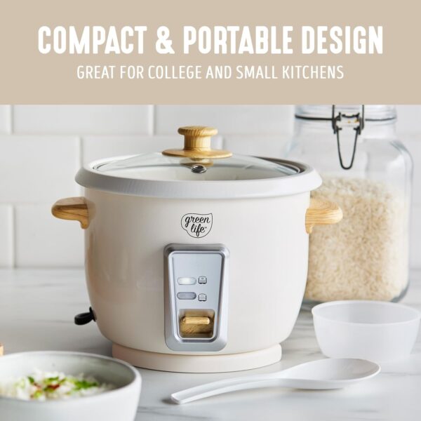 GreenLife Electric Rice Cooker, 3-Cups Uncooked/6-Cups Cooked, Removable PFAS-Free Nonstick Pot, One-Switch Design, Auto Keep Warm, Small Space Saving, Rice Paddle, Soup, Grains, Oatmeal, 1.5 QT, Cream - Image 7