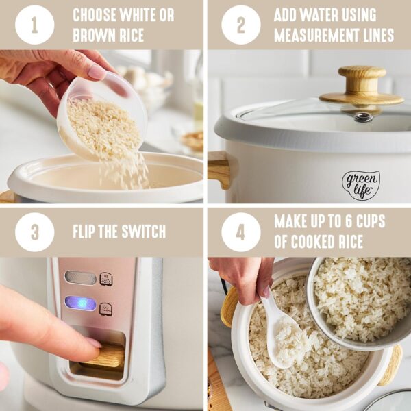 GreenLife Electric Rice Cooker, 3-Cups Uncooked/6-Cups Cooked, Removable PFAS-Free Nonstick Pot, One-Switch Design, Auto Keep Warm, Small Space Saving, Rice Paddle, Soup, Grains, Oatmeal, 1.5 QT, Cream - Image 10