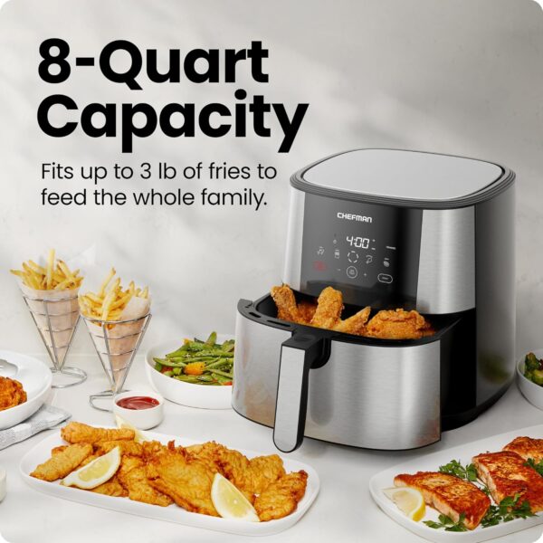 Chefman TurboFry® Touch Air Fryer, XL 8-Qt Family Size, One-Touch Digital Control Presets, French Fries, Chicken, Meat, Fish, Nonstick Dishwasher-Safe Parts, Automatic Shutoff, Stainless Steel - Image 3