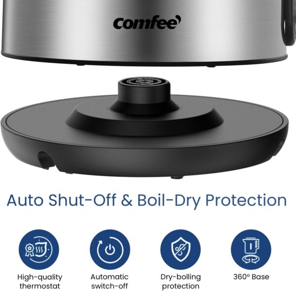 COMFEE' Stainless Steel Electric Kettle, 1.7 Liter Tea Kettle Electric & Hot Water Kettle, 1500W Fast Boil with LED Light, Auto Shut-Off and Boil-Dry Protection - Image 4