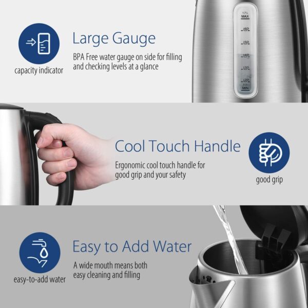 COMFEE' Stainless Steel Electric Kettle, 1.7 Liter Tea Kettle Electric & Hot Water Kettle, 1500W Fast Boil with LED Light, Auto Shut-Off and Boil-Dry Protection - Image 5