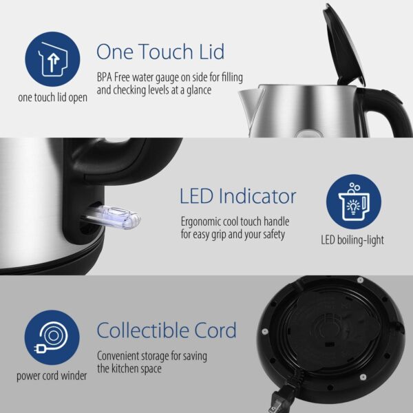 COMFEE' Stainless Steel Electric Kettle, 1.7 Liter Tea Kettle Electric & Hot Water Kettle, 1500W Fast Boil with LED Light, Auto Shut-Off and Boil-Dry Protection - Image 6