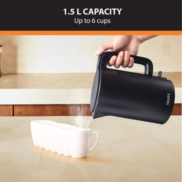 KRUPS 1.5L Electric Kettle, Cool Touch Stainless Steel Interior, Fast Boiling, one cup in 80 seconds, Double Wall, Fast Boiling, Auto Off, Keep Warm, Cordless, Black - Image 5