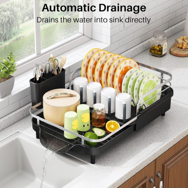 SAYZH Dish Drying Rack - Expandable Dish Rack for Kitchen Counter, Rust-Resistant Dish Drainer with Utensil Holder and Raised Guardrail, Kitchen Organizer for Cup and Bottle (Black) - Image 3