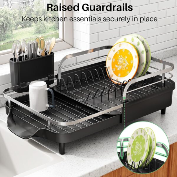 SAYZH Dish Drying Rack - Expandable Dish Rack for Kitchen Counter, Rust-Resistant Dish Drainer with Utensil Holder and Raised Guardrail, Kitchen Organizer for Cup and Bottle (Black) - Image 5