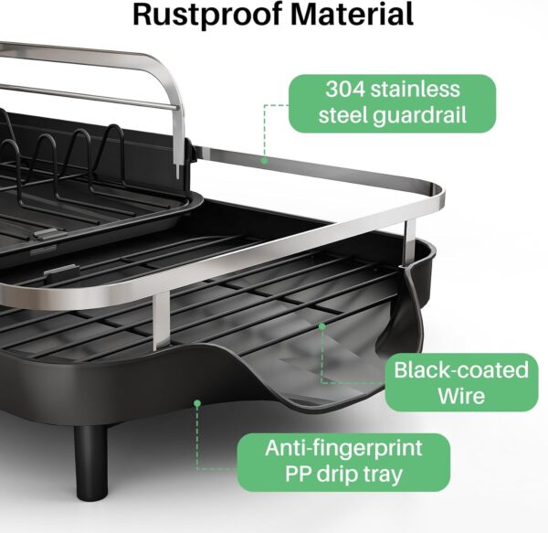 SAYZH Dish Drying Rack - Expandable Dish Rack for Kitchen Counter, Rust-Resistant Dish Drainer with Utensil Holder and Raised Guardrail, Kitchen Organizer for Cup and Bottle (Black) - Image 6