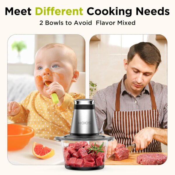 KOIOS Food Processor, 500W Electric Food Chopper with 2 Bowls (8 Cup+8 Cup) & 2 Bi-Level Blades&, Small Electric Grinder Meat Processor for Nuts, Meat, Onion, Garlic, Baby Food, Black - Image 3