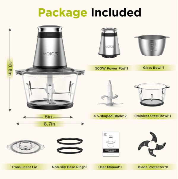 KOIOS Food Processor, 500W Electric Food Chopper with 2 Bowls (8 Cup+8 Cup) & 2 Bi-Level Blades&, Small Electric Grinder Meat Processor for Nuts, Meat, Onion, Garlic, Baby Food, Black - Image 7