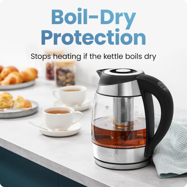 Chefman Electric Kettle with Temperature Control, 5 Presets LED Indicator Lights, Removable Tea Infuser, Glass Tea Kettle & Hot Water Boiler, 360° Swivel Base, BPA Free, Stainless Steel, 1.8 Liters - Image 6