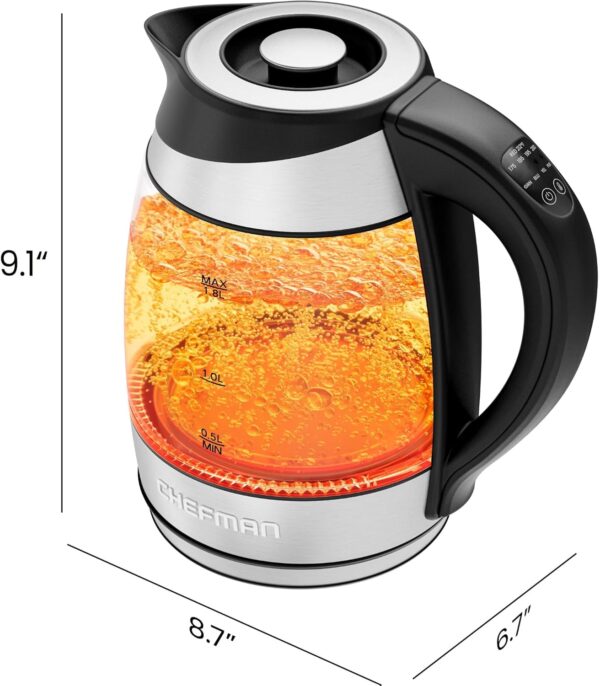 Chefman Electric Kettle with Temperature Control, 5 Presets LED Indicator Lights, Removable Tea Infuser, Glass Tea Kettle & Hot Water Boiler, 360° Swivel Base, BPA Free, Stainless Steel, 1.8 Liters - Image 7
