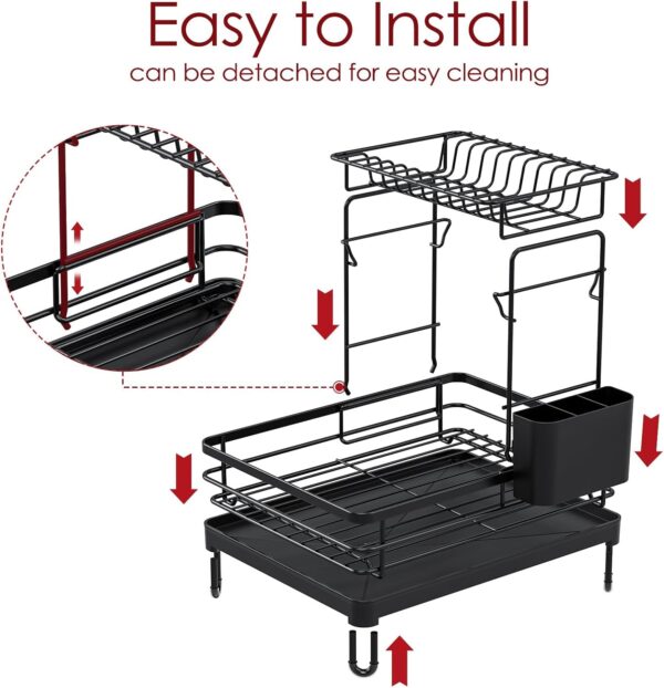 Dish Drying Rack - X-Large Stainless Steel Dish Rack for Kitchen Counter, 2-Tier Kitchen Organizers and Storage for Dishes, Bowls, Cutlery, Black - Image 5