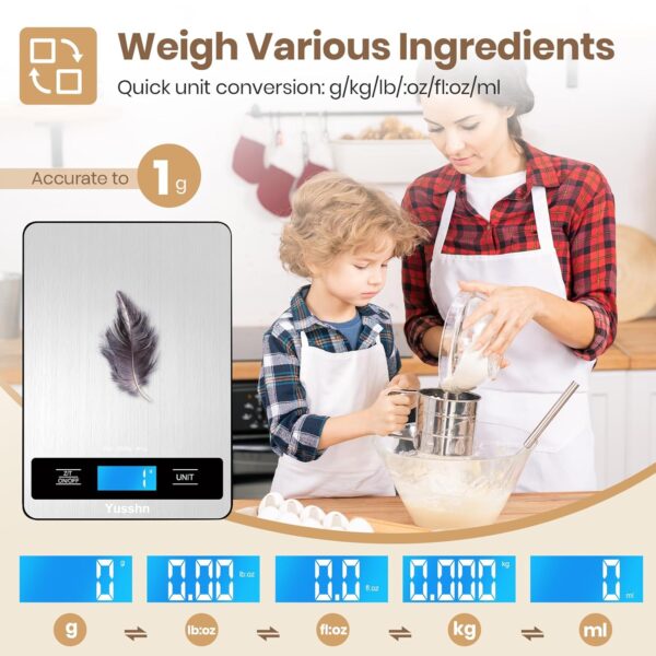 digital kitchen scale precision food scale for cooking & baking (1g/0.05oz accuracy) waterproof stainless steel with lcd display, batteries included weight in grams & oz (ash silver)