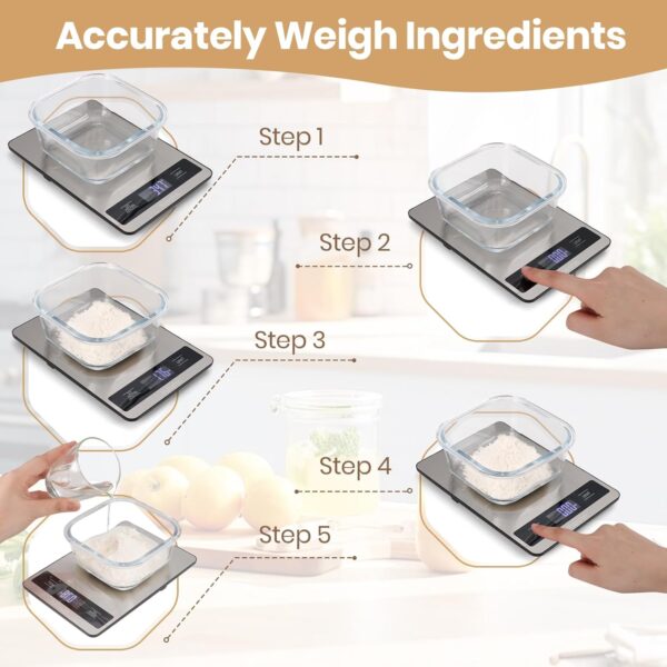 digital kitchen scale precision food scale for cooking & baking (1g/0.05oz accuracy) waterproof stainless steel with lcd display, batteries included weight in grams & oz (ash silver)