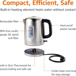 amazon basics electric stainless steel kettle for tea and coffee, bpa free, fast boiling, auto shut off, 1.1 quarts, 1500w, black and silver