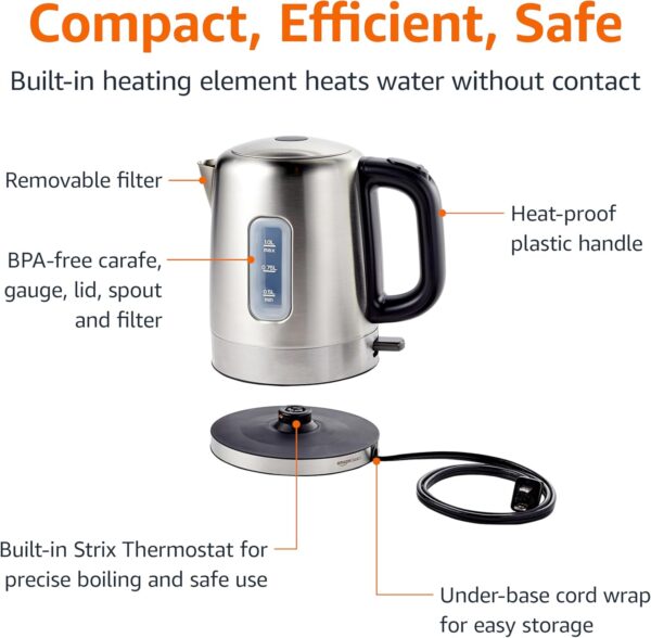 amazon basics electric stainless steel kettle for tea and coffee, bpa free, fast boiling, auto shut off, 1.1 quarts, 1500w, black and silver