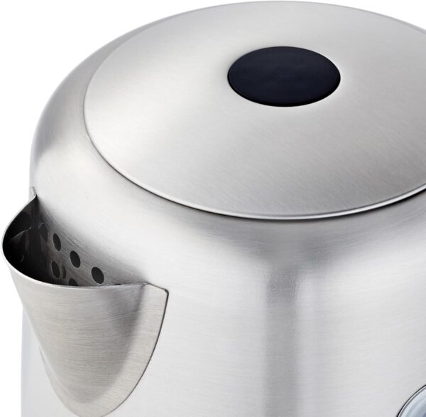 amazon basics electric stainless steel kettle for tea and coffee, bpa free, fast boiling, auto shut off, 1.1 quarts, 1500w, black and silver