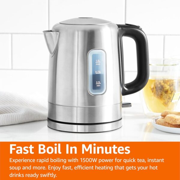 amazon basics electric stainless steel kettle for tea and coffee, bpa free, fast boiling, auto shut off, 1.1 quarts, 1500w, black and silver