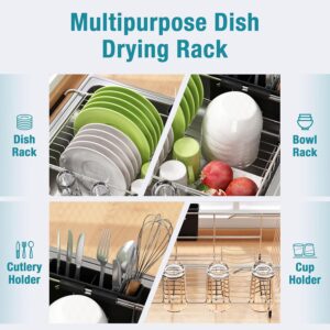 dish drying rack in sink, expandable stainless steel dish drainers for kitchen counter, dish dryer rack for inside sink, over the sink dish racks with utensil holder, silver