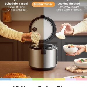 comfee' compact rice cooker, 6 in 1 stainless steel multi cooker, slow cooker, steamer, saute, and warmer, 2 qt, 8 cups cooked(4 cups uncooked), brown rice, quinoa and oatmeal, 6 one touch programs