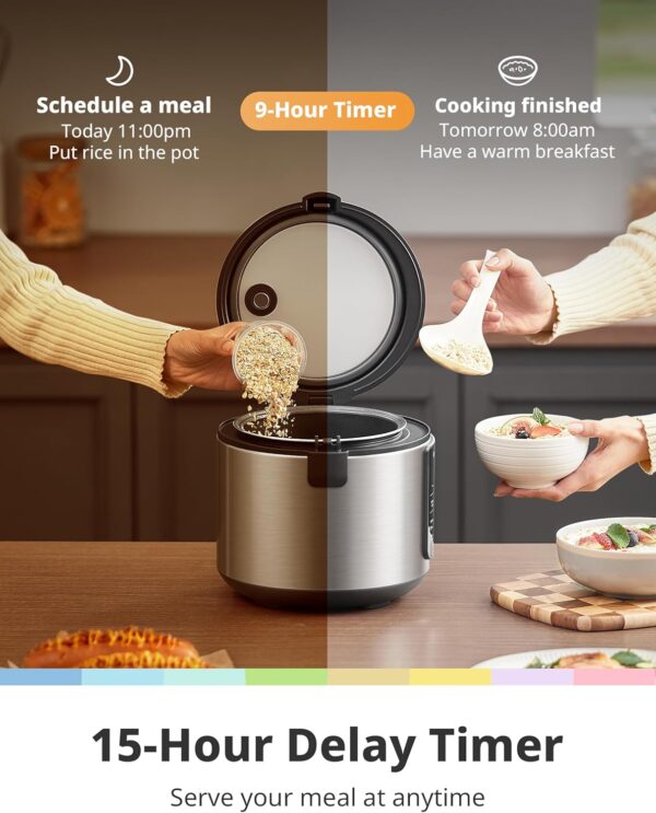 comfee' compact rice cooker, 6 in 1 stainless steel multi cooker, slow cooker, steamer, saute, and warmer, 2 qt, 8 cups cooked(4 cups uncooked), brown rice, quinoa and oatmeal, 6 one touch programs