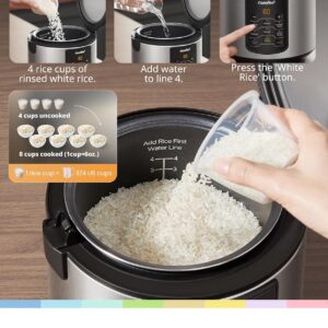 comfee' compact rice cooker, 6 in 1 stainless steel multi cooker, slow cooker, steamer, saute, and warmer, 2 qt, 8 cups cooked(4 cups uncooked), brown rice, quinoa and oatmeal, 6 one touch programs