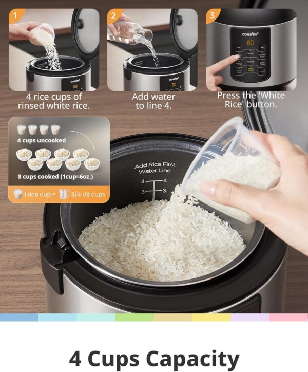 comfee' compact rice cooker, 6 in 1 stainless steel multi cooker, slow cooker, steamer, saute, and warmer, 2 qt, 8 cups cooked(4 cups uncooked), brown rice, quinoa and oatmeal, 6 one touch programs